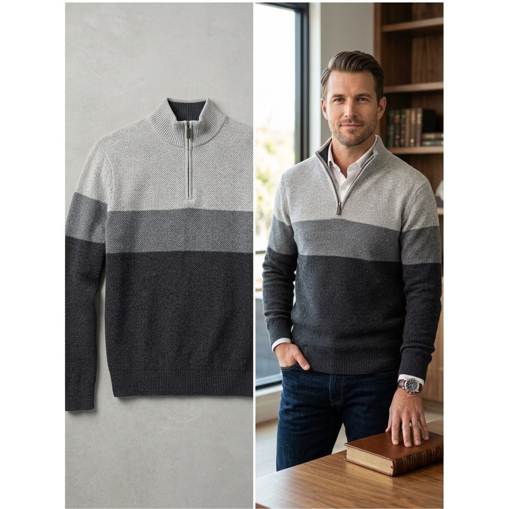 Dockers Mens Quarter Zip Sweater Grey Colorblock Textured Knit Pullover Medium